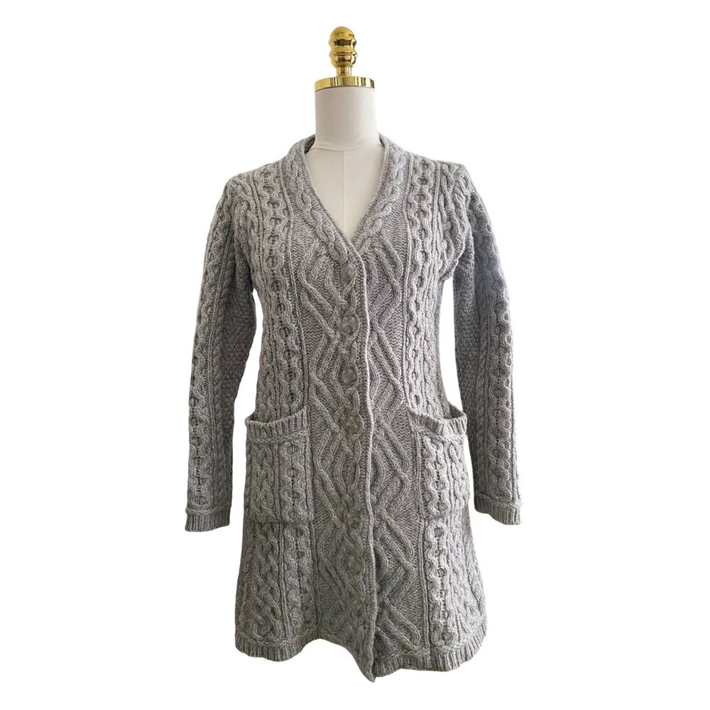 Aran Crafts Merino Wool Sweater XXS Gray Cardigan Pockets Cable Knit Pockets